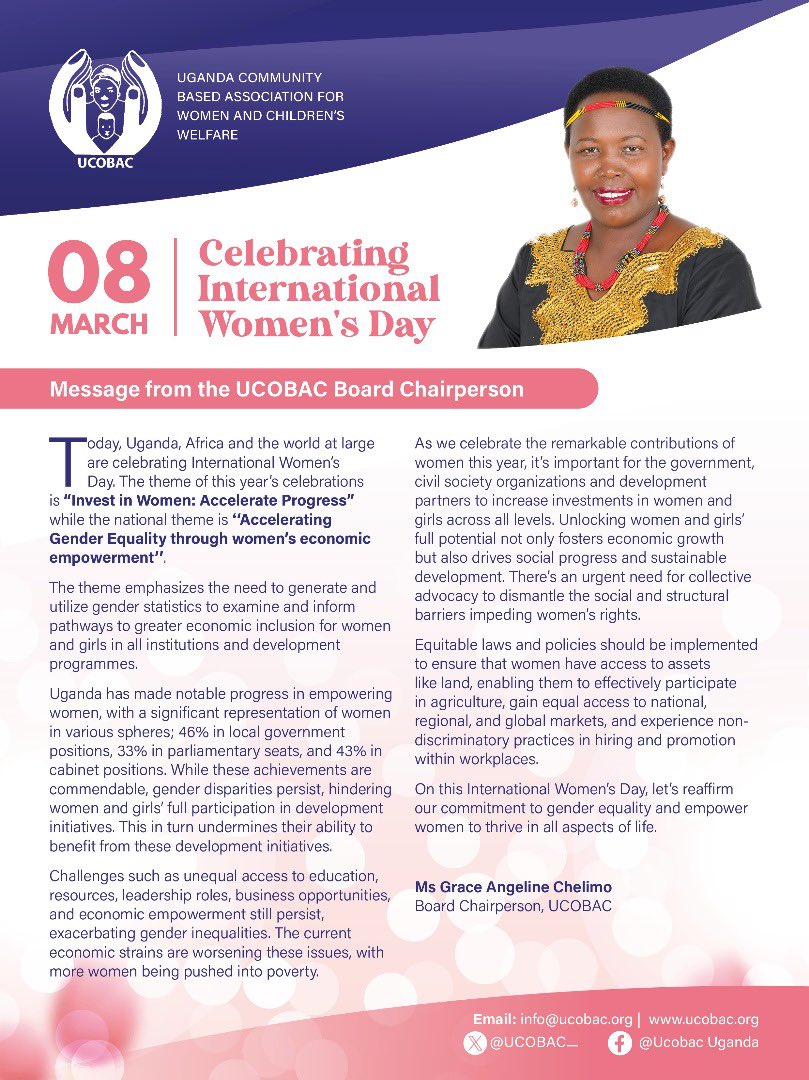 UCOBAC_'s tweet photo. Happy International Women's Day 2024

As we celebrate #IWD24, Our Board chairperson, @AngelineChelimo is calling for urgent need for collective advocacy to dismantle social and structural barriers impeding women's advancement. 
 
#WomenEmpowerment #womenpower  
#genderequality https://t.co/8dxGxoFTgd