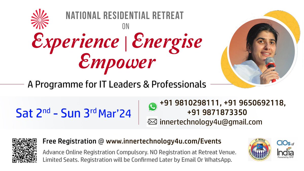 RERFITWing's tweet photo. National Retreat for IT Leaders &amp; Professionals
https://t.co/x4dAaJVizV

@bkshivani #bkshivani #brahmakumaris #omshanti #corporate #selfcare #selflove #daily #gurugram #DelhiNCR #InnerPeace #InnerEngineering #technology #spirituality #lifestyle #Royalty #Happiness #Wisdom #wisen https://t.co/TR3M4EjYgh