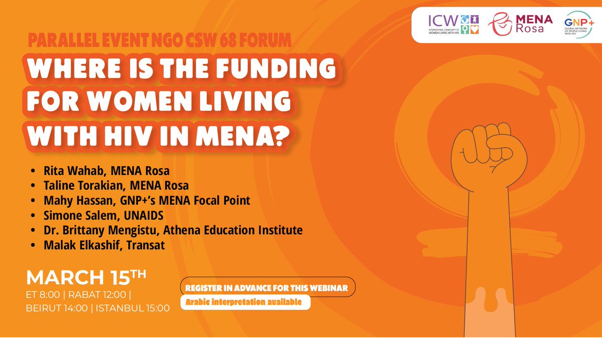 Join us on 15 March in this CSW 68th parallel event addressing #HIV challenges in the MENA region. Let's prioritise women-led initiatives and address urgent needs.

🔗 Register: tinyurl.com/CSW68MENA⠀⠀⠀⠀⠀⠀⠀

🌍  Arabic interpretation available

#CSW66 #CommunitiesFirst
