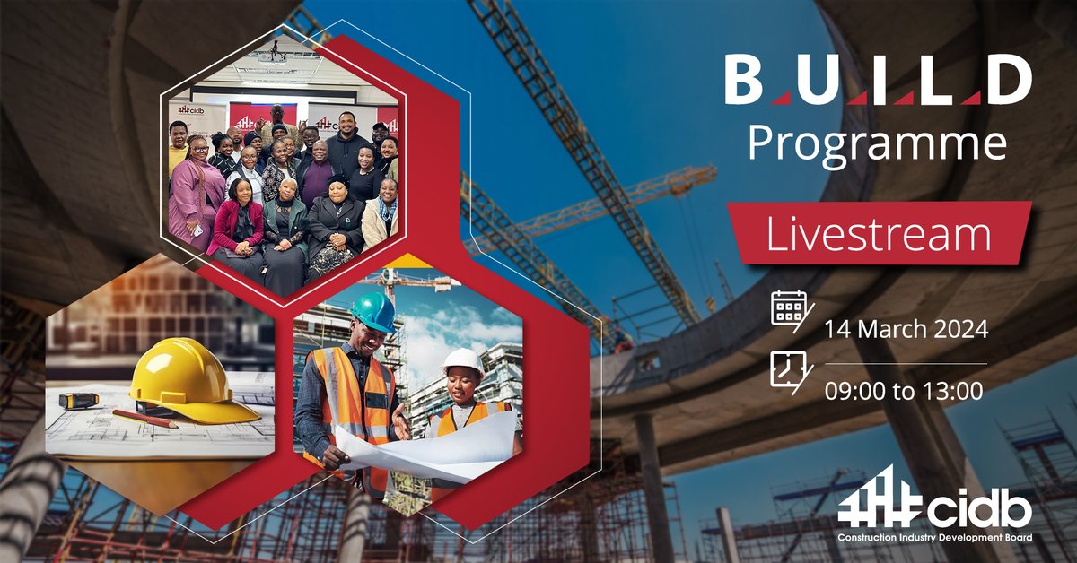 cidb_sa's tweet photo. Join us on Thurs, 14 Mar from 09:00-13:00, via our Facebook and YouTube livestreams for the launch of the #cidb #BUILDProgramme. The honourable Minister Sihle Zikalala of @DepartmentPWI and the cidb team look forward to hosting you: https://t.co/dlge7mT71d https://t.co/xK76ndgvA5