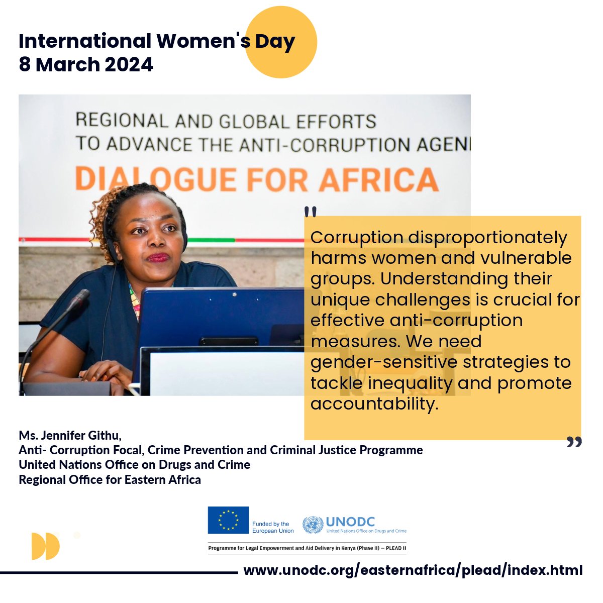 Through #PLEADYetu, UNODC is supporting a study on the gender dimensions of corruption to bolster evidenced-based anti-corruption programming. #InternationalWomensDay2024 #InvestinWomen #PLEADyetu