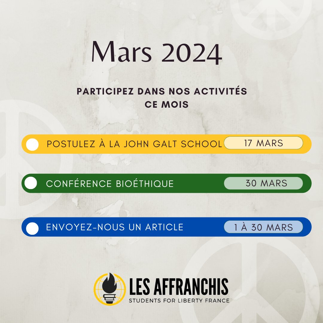 SFL_France's tweet photo. Chers amis de la liberté,
Nous vous proposons de nouvelles activités ce mois-ci.

Intéressé par la philosophie et ses applications dans la société ? Vous pouvez vous inscrire à la John Galt School jusqu'au 17 mars. https://t.co/0ccQPSjYdr