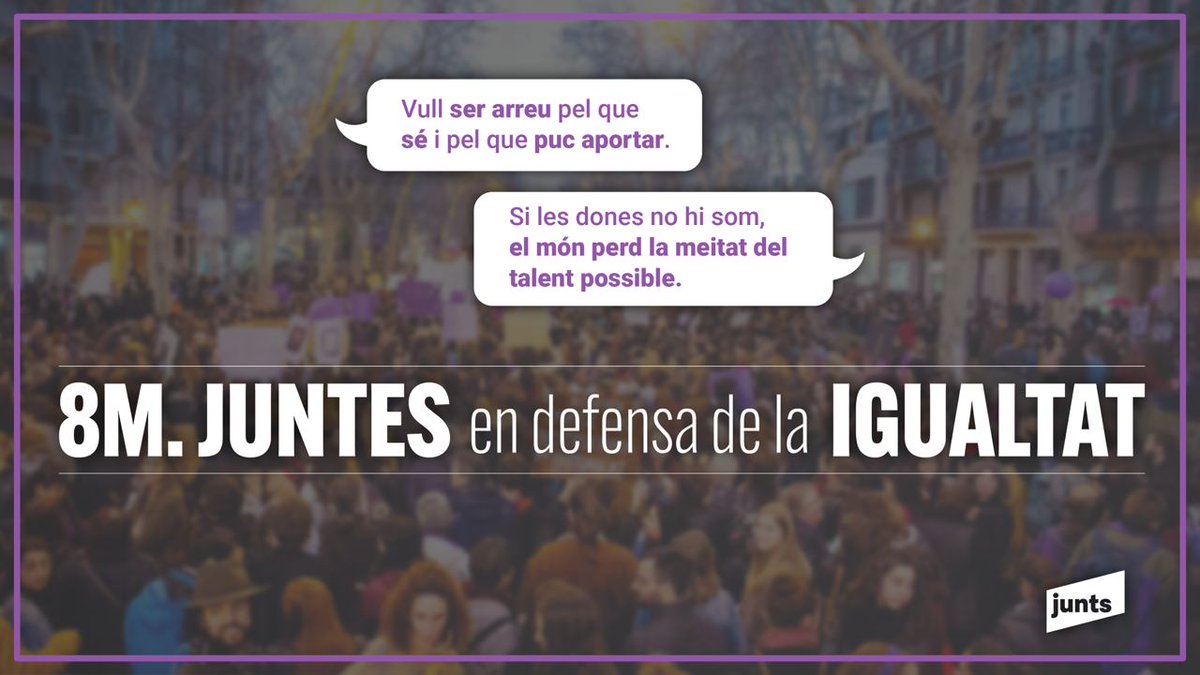 💜 Avui i cada dia, #8M JUNTES en la
defensa de la IGUALTAT.
juntes

✅️ Des de <a href="/JuntsXCat/">Junts per Catalunya🎗</a> volem declarar el
nostre compromís diari amb la igualtat
de gènere i reclamem, un cop més,
polítiques feministes innovadores i
transformadores.