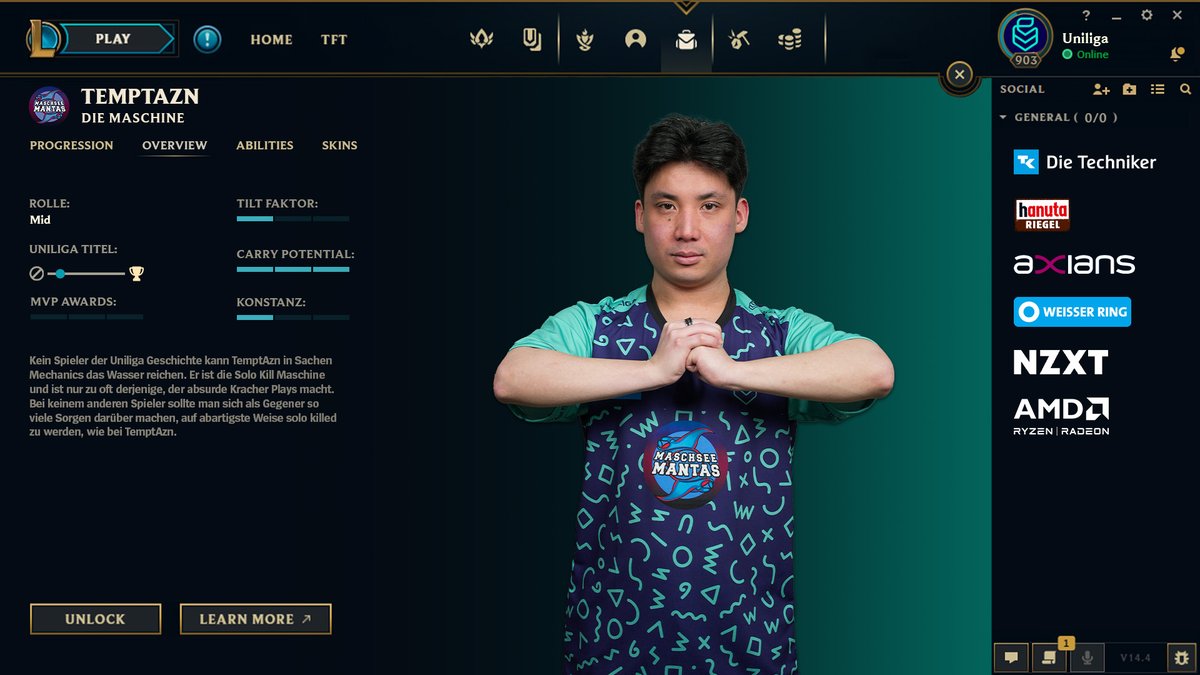 Allrounder, Unicorn of Love und die Maschine - auch die Maschsee Mantas können sich in der Player Übersicht sehen lassen. Können sie sich morgen mit dem Team den Titel sichern?👀
#leagueoflegends #uniligafinale