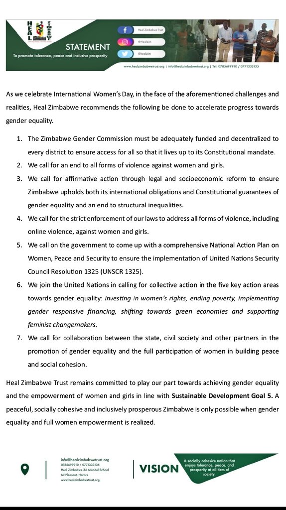 On this #InternationalWomensDay we @HealZim call for collaborative action to #AccelerateProgress towards achieving #GenderEquality #SDG5 and an accessible Zimbabwe Gender Commission. We also call for action towards implementing #UNSCR1325. #IWD2024 #InspireInclusion