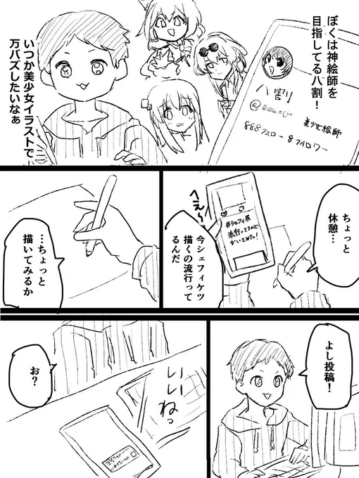 今まで健全絵しか描いてなかった人が気まぐれでR18描いて、それがめっちゃバズった時に「(伸びるの)簡単ッッッ簡単ッッッ」って言いながらR18絵師になるやつ (1/3) 