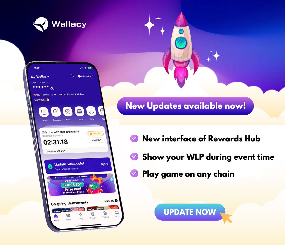 📣 Go to Wallacy and Update the app now! 📣

We've made some exciting updates to enhance your experience:

✅ Update New interface for #RewardsHub
✅ Show your #WLP earned during event time (Feb 22 - Mar 13), you can check in Rewards Hub
✅ Play game on any supported #chains