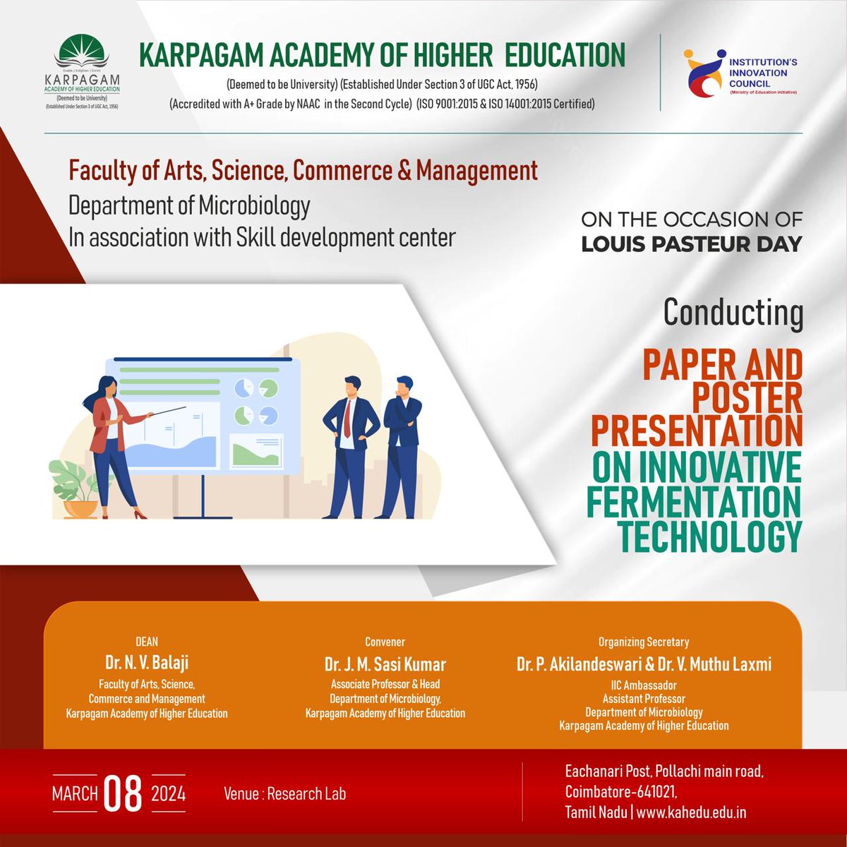 wekaheians's tweet photo. On the occasion of Louis Pasteur Day, the Department of #Microbiology, in association with the #SkillDevelopmentCentre, is conducting a paper and poster presentation event on "Innovative Fermentation Technology" today in the research lab.
#LouisPasteurDay #posterpresentation https://t.co/JtV4xEaliE