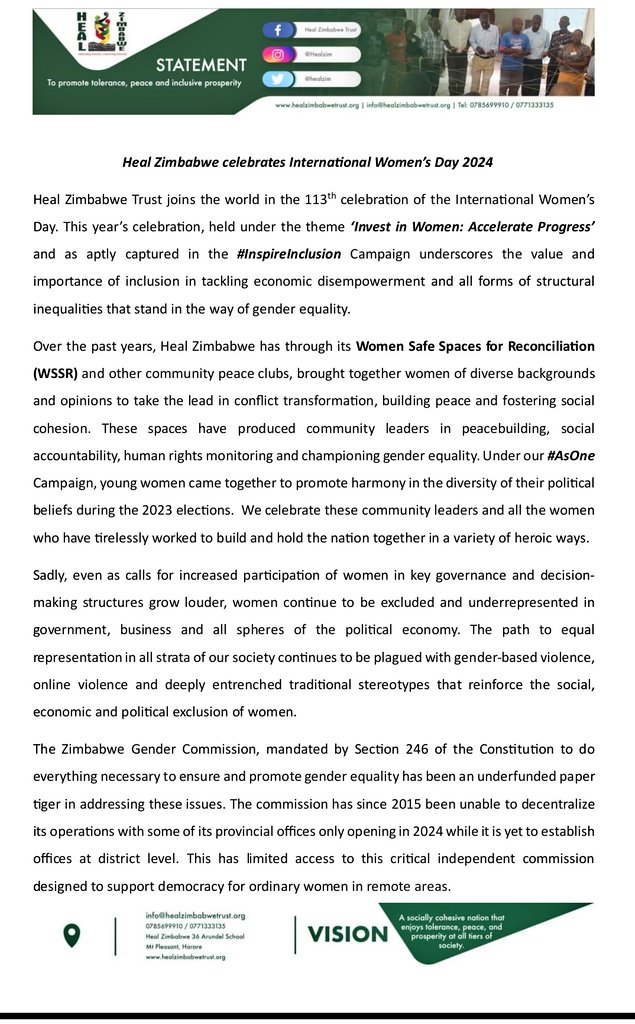 AsOneCampaign's tweet photo. @HealZim statement on #InternationalWomensDay.
#SDG5 #InspireInclusion #IWD2024 #GenderEquality #AccelerateProgress https://t.co/GWekTMRqTi