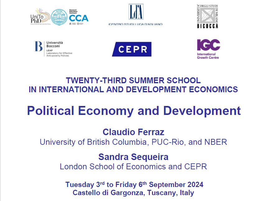 MariapiaMendola's tweet photo. 🚨The Call for applications to the next Summer School in Development Economics is out!

Terrific to have @claudferraz and @SMGSequeira talking about "Political Economy and Development" 🌟🌟

Sept. 3-6 ,2024 in Tuscany (Italy)
Apply here👉 https://t.co/ETo098kiLh
@LdA_CentroStudi https://t.co/Q1ZvDKLaP0