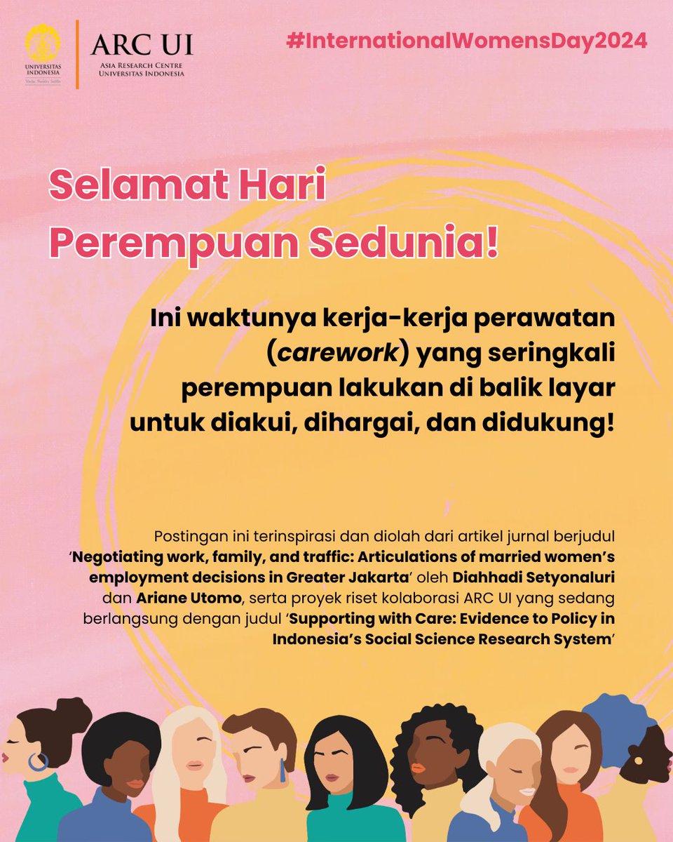 ui_asiarc's tweet photo. Selamat hari perempuan sedunia! 

Memperingati hari ini, ARC UI ingin mengangkat bahasan tentang kerja perawatan (carework) yang banyak dilakukan perempuan di balik layar ke permukaan. #InternationalWomensDay https://t.co/Pn34h4bbgO