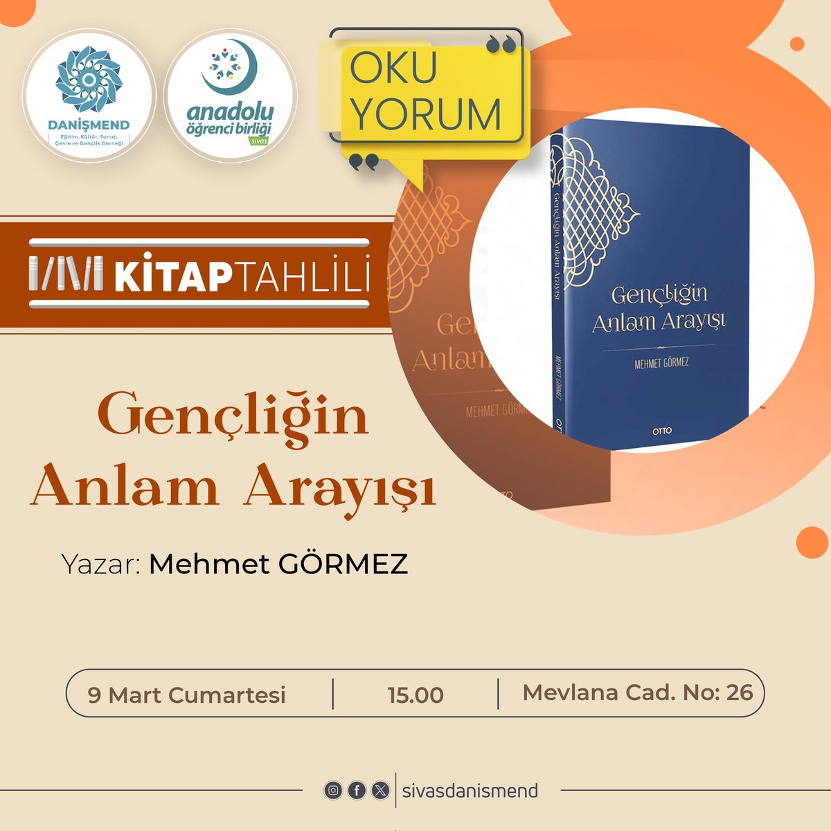 📖 Bu ay kitap tahliline Mehmet Görmez'in 'Gençliğin Anlam Arayışı' adlı eseriyle devam ediyoruz. Her ay bir kitap şeklinde ilerleyecek tahlillere sizleri de bekliyoruz. #danişmendderneği #sivas #mehmetgörmez #gençliğinanlamarayışı #kitap #kitaptahlili