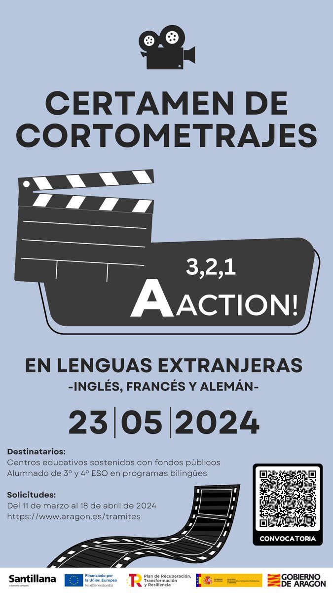 Certamen de Cortometrajes 3,2,1 AACTION! en lenguas extranjeras- inglés, francés y alemán. Se abre el periodo de inscripción del 11 de marzo al 18 de abril (ambos incluidos)