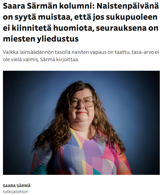 Miehillä on todellakin yliedustus kuolleisuustilastoissa, elinajan odote > 5 v. lyhyempi kuin naisilla, eli miehet maksavat naisten eläkkeet. Uusista yliopisto-opiskelijoista vain 41 % on miehiä, kelpaavat sentään naisten ilmaisten opintojen maksajiksi. Yliedustus maksajina!