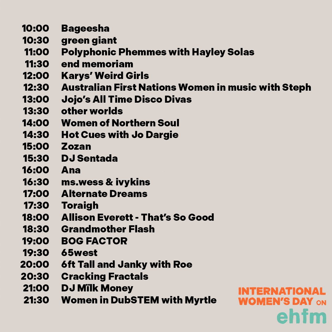 Happy #IWD2024 !! We're hosting our first ever open decks to celebrate. We've whittled down the overwhelming amount of brilliant applications we got to present 12 hours of radio first-timers live in the studio. Tune in from 10am to join the fun! ehfm.live
