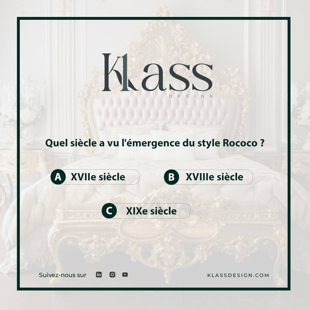 Klass_Design1's tweet image. 🤔 Testez vos connaissances sur la #décorationclassique ! 🎨 Répondez à ces questions sur le Rococo, le XVIIIe siècle, et l'ère victorienne. Êtes-vous incollable ? 🔍🌐 klass-design.fr/decoration-int…
#KlassDesign #Quiz #QuizCulturel