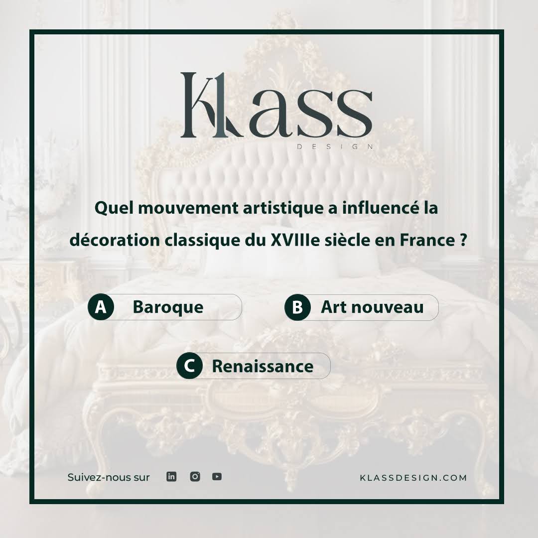 Klass_Design1's tweet image. 🤔 Testez vos connaissances sur la #décorationclassique ! 🎨 Répondez à ces questions sur le Rococo, le XVIIIe siècle, et l'ère victorienne. Êtes-vous incollable ? 🔍🌐 klass-design.fr/decoration-int…
#KlassDesign #Quiz #QuizCulturel