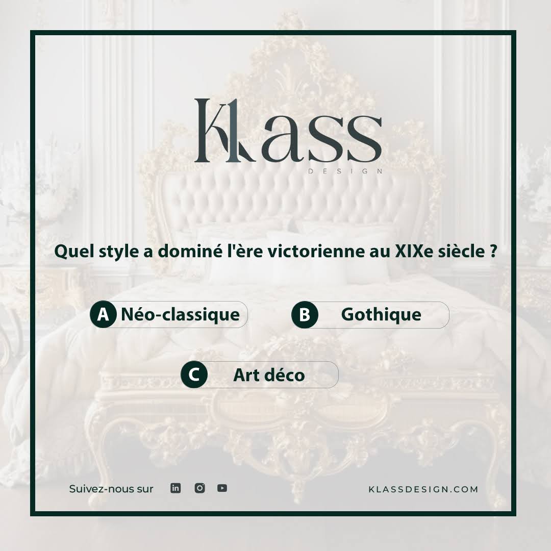 Klass_Design1's tweet image. 🤔 Testez vos connaissances sur la #décorationclassique ! 🎨 Répondez à ces questions sur le Rococo, le XVIIIe siècle, et l'ère victorienne. Êtes-vous incollable ? 🔍🌐 klass-design.fr/decoration-int…
#KlassDesign #Quiz #QuizCulturel