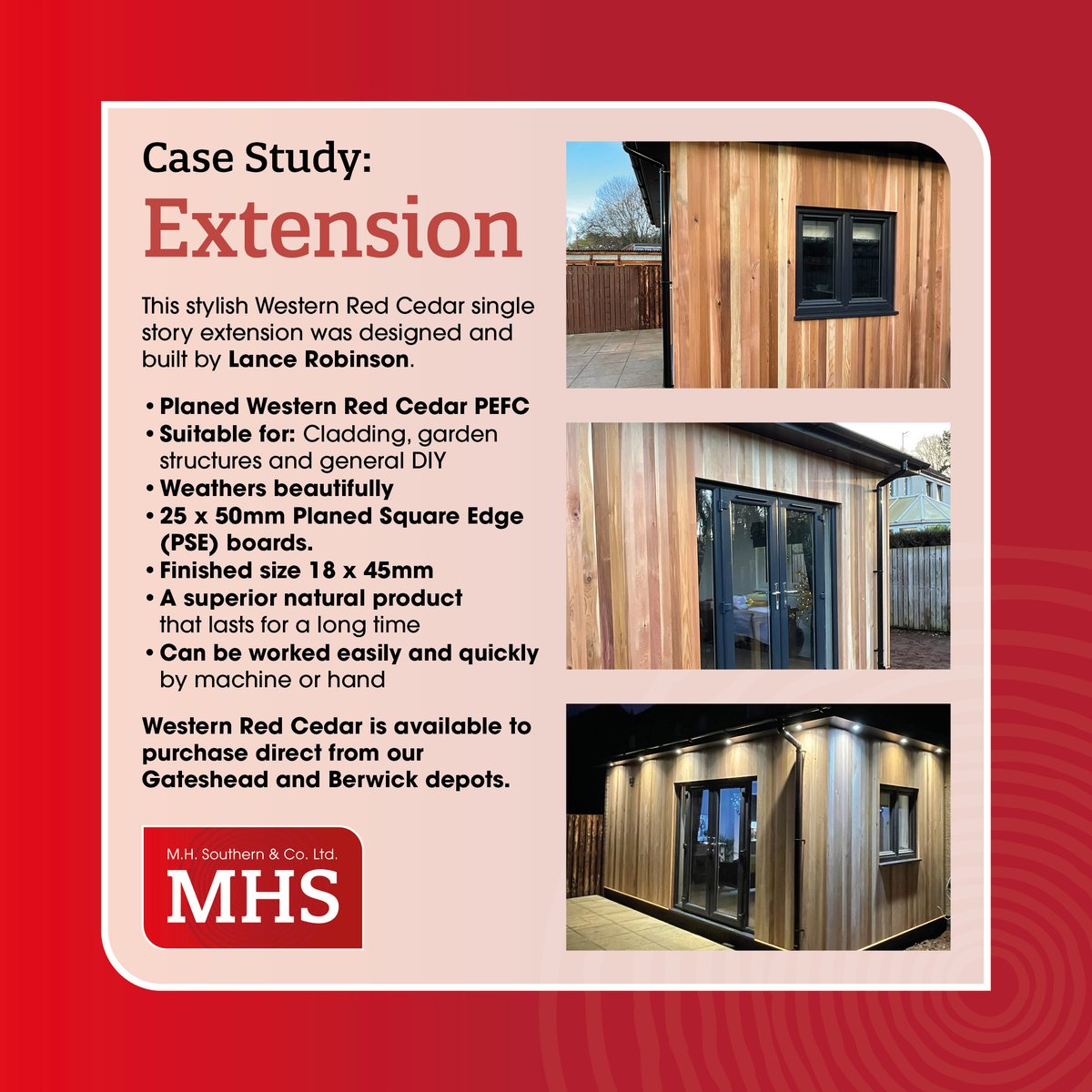 M.H. Southern & Co. Ltd. (@mhsouthern) on Twitter photo Fantastic Western Red Cedar Extension carried out by Lance Robinson. For more product information and pricing please contact our sales team on 0191 4898231 or sales@mhsouthern.co.uk Fantastic Western Red Cedar Extension carried out by Lance Robinson. For more product information and pricing please contact our sales team on 0191 4898231 or sales@mhsouthern.co.uk