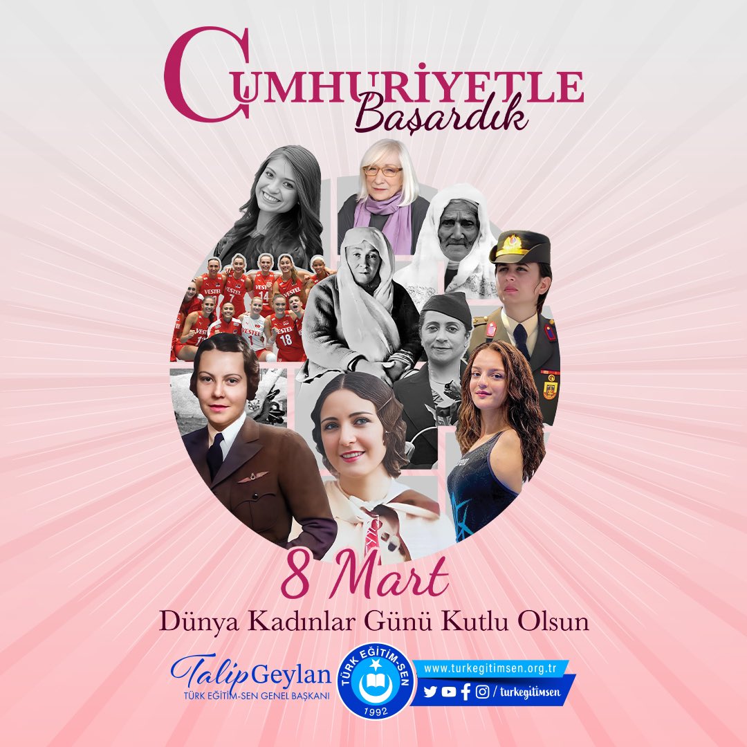 CUMHURİYETLE BAŞARDIK!

"Ey kahraman Türk kadını! Sen yerlerde sürünmeye değil, omuzlar üzerinde göklere yükselmeye layıksın!"
Mustafa Kemal ATATÜRK
#8MartDünyaKadınlarGünü