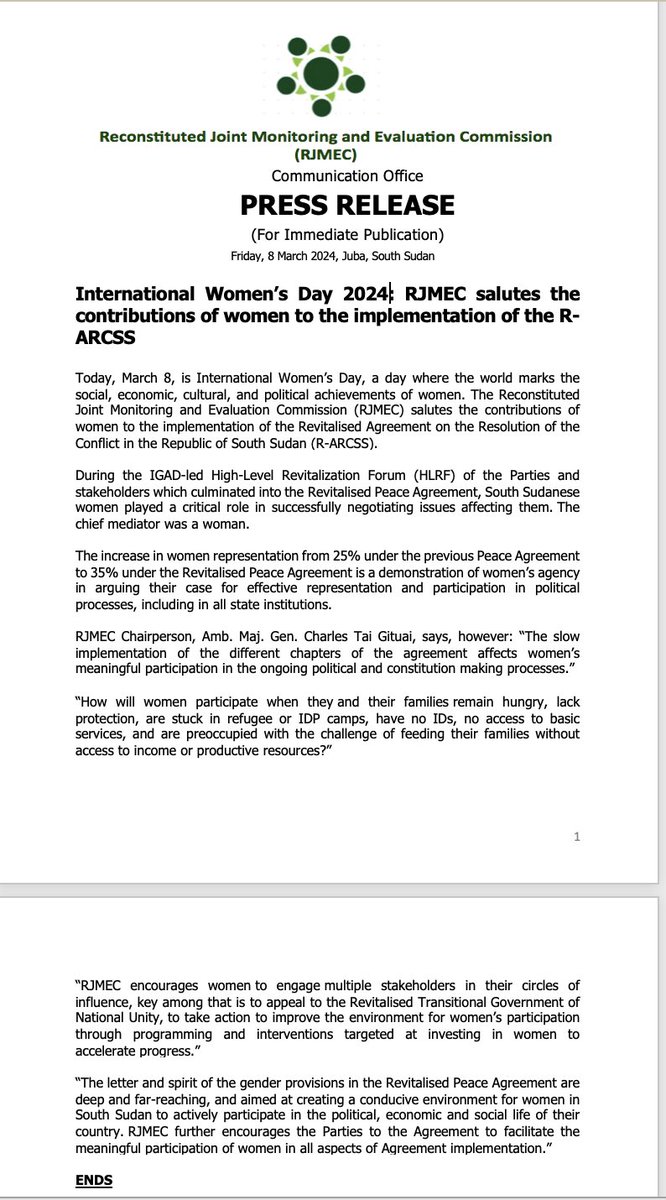 As the world marks this year's International Women's Day, the @RJMECsouthsudan salutes the contributions of women to the implementation of the R-ARCSS, appeals to the Parties to facilitate the meaningful participation of women in all aspects of Agreement implementation. #IWD2024