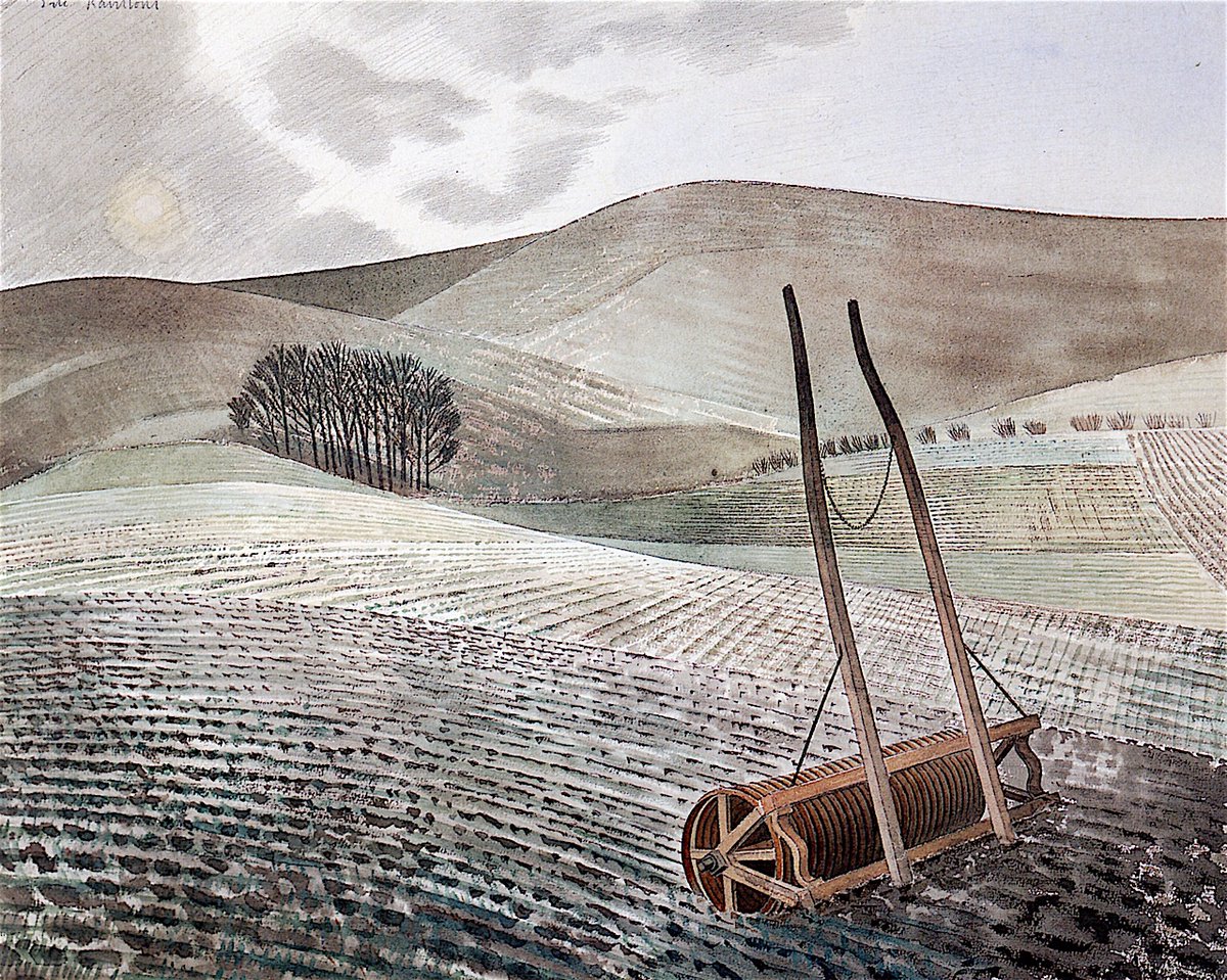 Downs in Winter, Eric Ravilious, 1935. A classic view of the Southdowns in East #Sussex (now @sdnpa). The original artwork is in the collection of @TownerGallery.