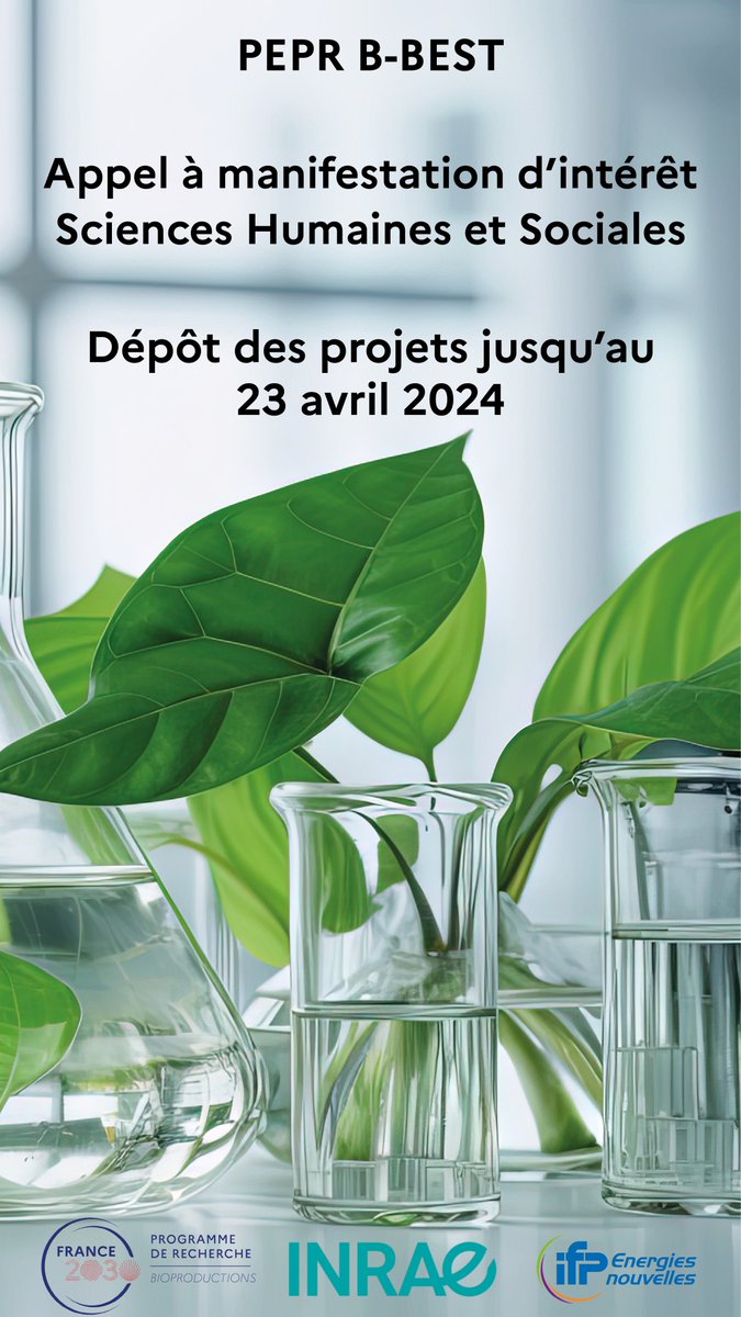 ⏳L'appel à projets en Sciences Humaines et Sociales du PEPR Bioproductions (B-BEST) est ouvert jusqu’au 23 avril !  

Les projets lauréats devront proposer l'étude de la bioéconomie à travers, entre autres, ses dimensions socio-économiques !

➡️pepr-bioproductions.fr/aap-ami/appel-…