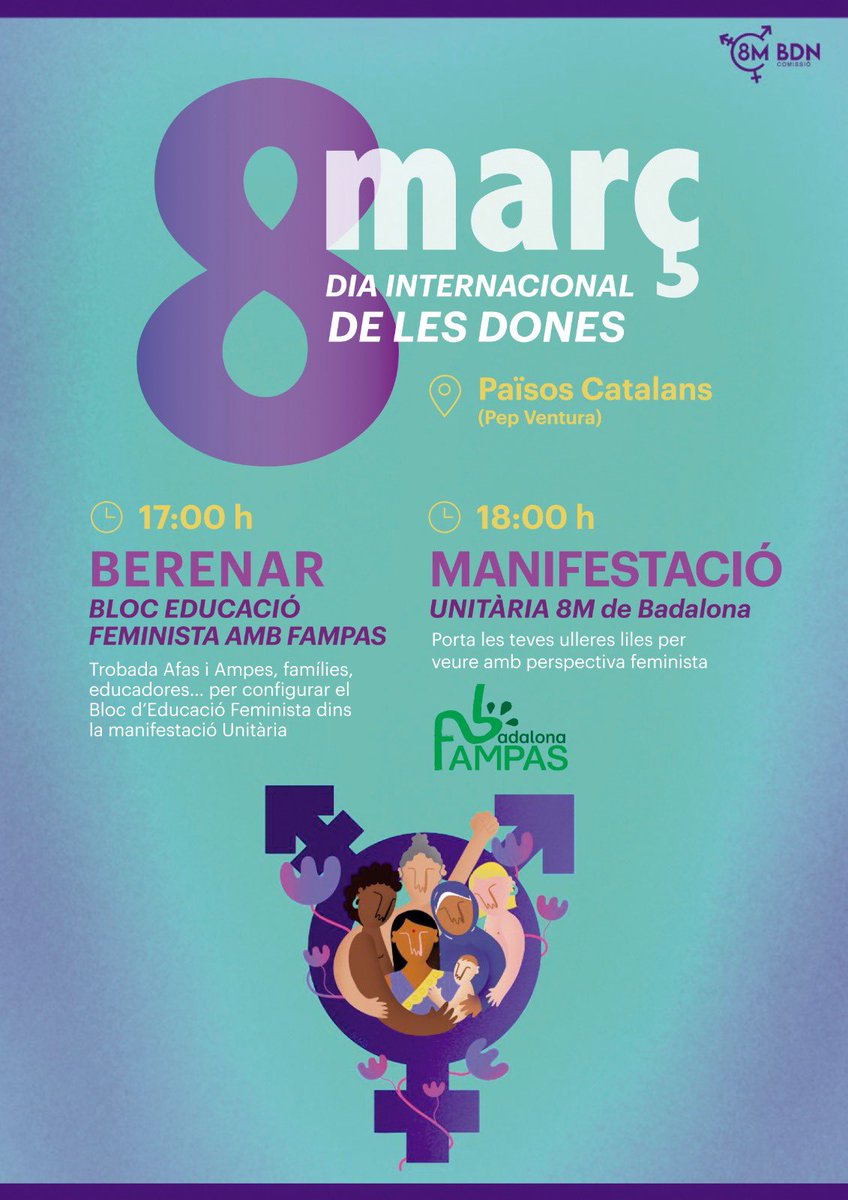 AnticapiBNord's tweet photo. Avui #8M totes al carrer!
Ni un pas enrere, lluita col·lectiva i diversa contra el patriarcat!
💜📚 Berenar Bloc #Educació feminista @FampasBadalona
🕛 17 h
📌 Plaça Països catalans #Badalona
⚧️ Manifestació #8MBdn
🕛 18h
📌 Plaça Països catalans https://t.co/i9V2D86N80