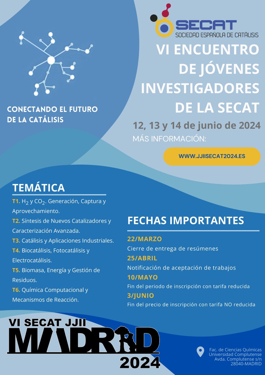 Buenos días chicos!! Os traigo más información sobre el Congreso. 
🗓️ 12, 13 y 14 de Junio
📍Facultad de Ciencias Químicas de la Universidad Complutense de Madrid