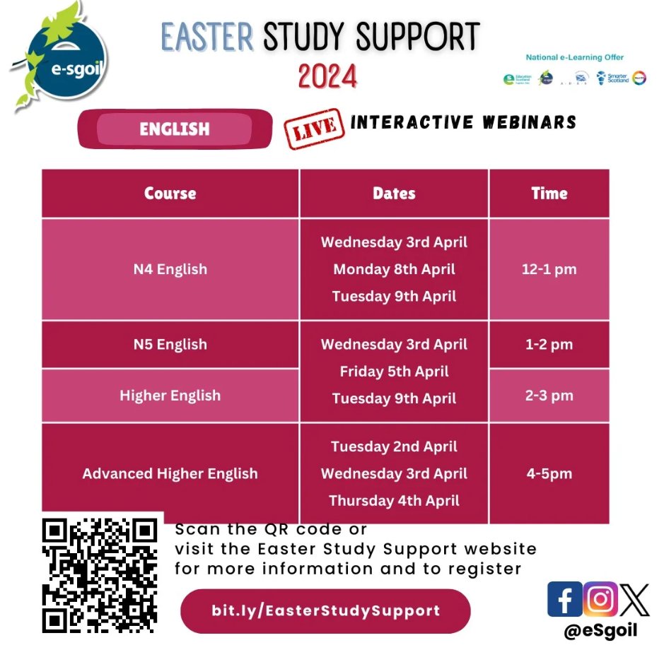 Teaching or studying English in the Senior Phase? You can check our Easter Study Support webinar times at a glance with this handy timetable graphic. Please feel free to share in your school department or online. e-sgoil.com/senior-phase/e…… #NeLO