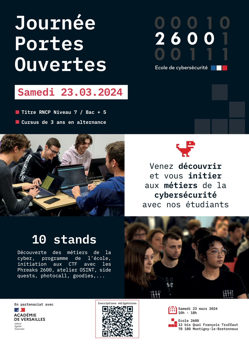 ecole2600's tweet photo. Er hop ! notre première JPO avec les @phreaks2600 et les pwndawan à l'école ! 

Rendez-vous à SQY le samedi 23/03/2024 pour venir à notre rencontre. https://t.co/WGOFzwooh6