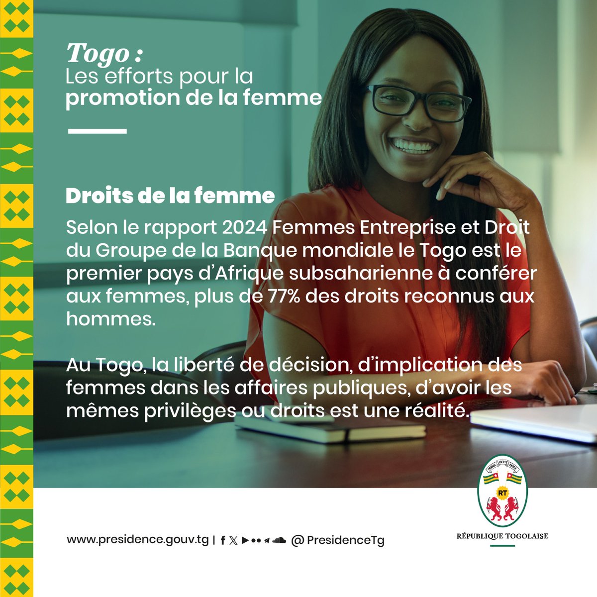 PresidenceTg's tweet photo. Sous le leadership du Président de la République, @FEGnassingbe, le Togo a fait d'énormes efforts, ces dernières années en matière de promotion de la femme, d'équité et d'égalité de sexe.

A l'occasion de la Journée internationale de la femme, retrouvez dans les  visuels suivants, les principales actions menées  en la matière au #Togo.

#JIF2024