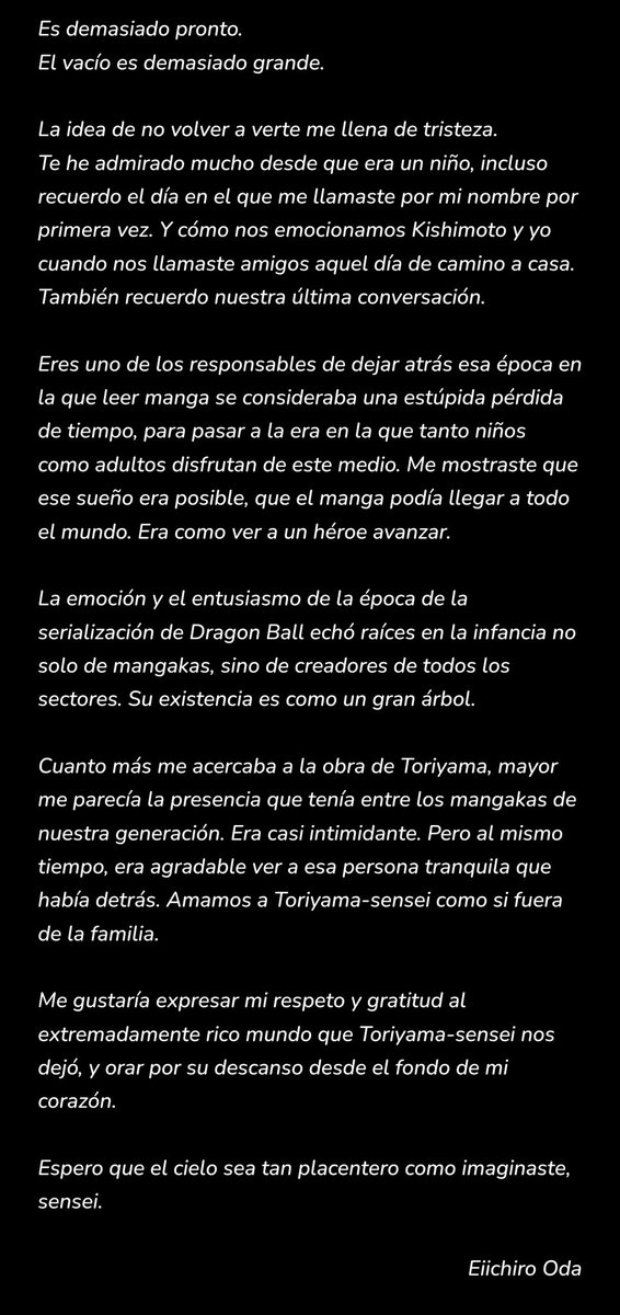 GeekZoneGZ's tweet photo. Eiichiro Oda, creador de 'ONE PIECE', reacciona a la muerte de Akira Toriyama con esta carta.

"Espero que el cielo sea tan placentero como imaginaste, sensei". https://t.co/UNZfoXMBXJ