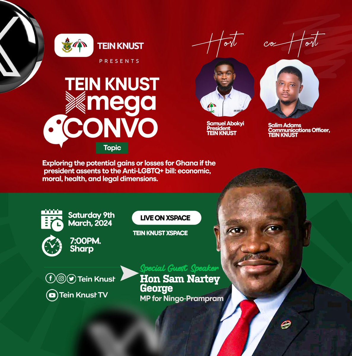 DOPeprah's tweet photo. Join us this Saturday at 7:00 PM as we host our Esteemed Guest Speaker
Hon Sam George, MP for Ningo Prampram to discuss the potential gains or losses for Ghana from the Anti-LGBTQ+ Bill.

Let's come together and have a great time. See you there! https://t.co/fmS0JKaHgO
