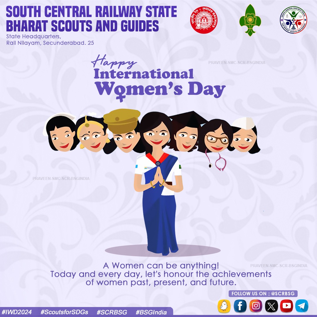 SCRBSG (@scrbsg) on Twitter photo Happy Women's Day 🌻
#IWD2024BSG #BSGinspireinclusion #BSGIndia #WomensDay #ScrBsg #wagggs #wosm #scouts #scouting
<a href="/bsgnhq/">Bharat Scouts and Guides, India</a> <a href="/SCRailwayIndia/">South Central Railway</a> <a href="/gmscrailway/">General Manager,South Central Railway</a> <a href="/arunjainir/">Arun Jain</a> <a href="/gmscrailway/">General Manager,South Central Railway</a> <a href="/drmsecunderabad/">DRM Secunderabad</a> Happy Women's Day 🌻
#IWD2024BSG #BSGinspireinclusion #BSGIndia #WomensDay #ScrBsg #wagggs #wosm #scouts #scouting
<a href="/bsgnhq/">Bharat Scouts and Guides, India</a> <a href="/SCRailwayIndia/">South Central Railway</a> <a href="/gmscrailway/">General Manager,South Central Railway</a> <a href="/arunjainir/">Arun Jain</a> <a href="/gmscrailway/">General Manager,South Central Railway</a> <a href="/drmsecunderabad/">DRM Secunderabad</a>