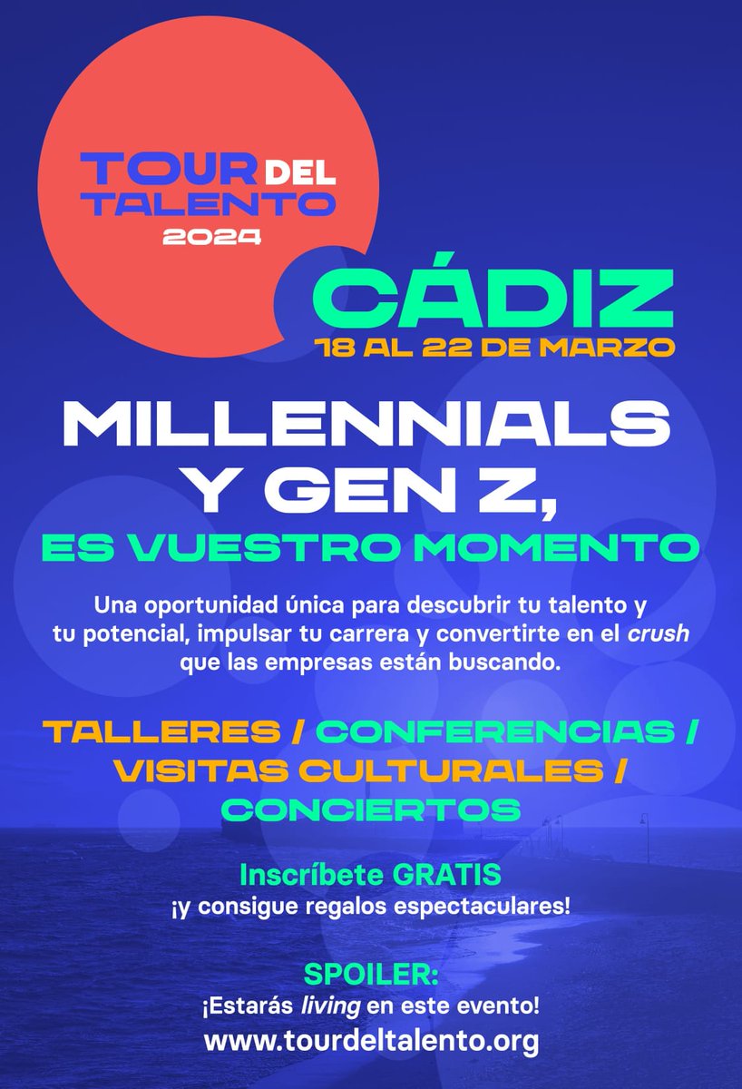 📌 Consulta toda la programación del TOUR DEL TALENTO, del 1️⃣8️⃣ al 2️⃣2️⃣ de marzo en #Cádiz 🔝🔝

+4️⃣0️⃣ actividades
2️⃣5️⃣ espacios diferentes

Las actividades e inscripciones gratuitas en tourdeltalento.org/es/evento-2024…

#SAECádiz participa activamente en este magnífico evento