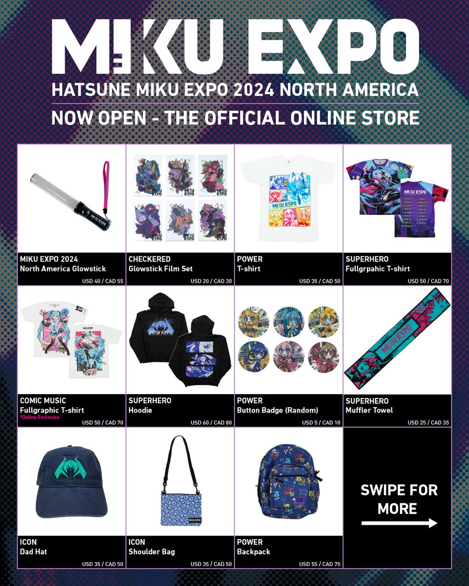 mikuexpo's tweet photo. 🌐#MIKUEXPO2024 North America Goods🌐
USA &amp; Canada Tour goods presale starts NOW🛒
Glowstick, Happi, T-shirt and more! Don’t miss out👀

▼Shop Here
https://t.co/lbOFTF9hJb
※Free sticker for orders above $50🎁

Mexico venue exclusive goods coming soon!

#HatsuneMiku https://t.co/vmhP7EkQfu