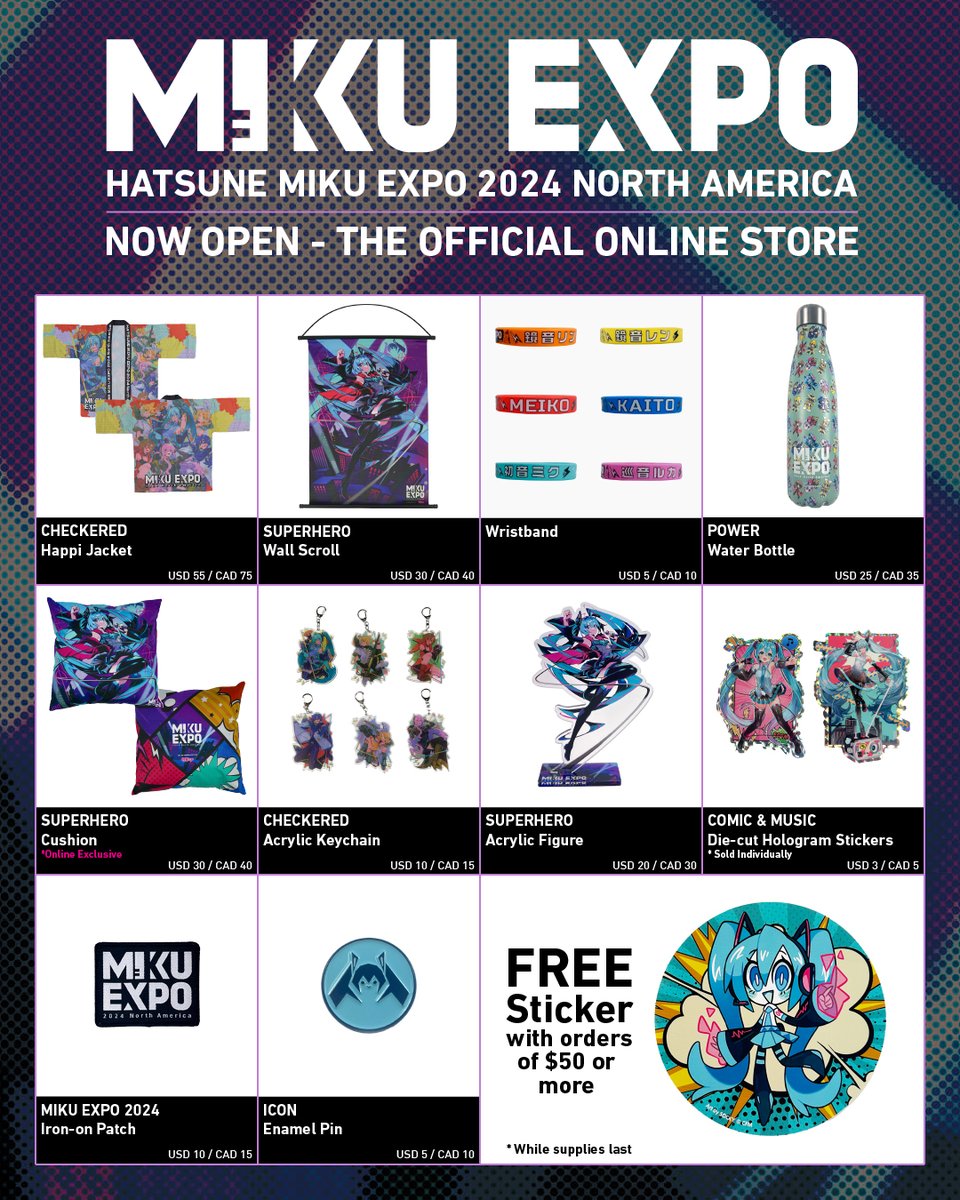 mikuexpo's tweet photo. 🌐#MIKUEXPO2024 North America Goods🌐
USA &amp; Canada Tour goods presale starts NOW🛒
Glowstick, Happi, T-shirt and more! Don’t miss out👀

▼Shop Here
https://t.co/lbOFTF9hJb
※Free sticker for orders above $50🎁

Mexico venue exclusive goods coming soon!

#HatsuneMiku https://t.co/vmhP7EkQfu