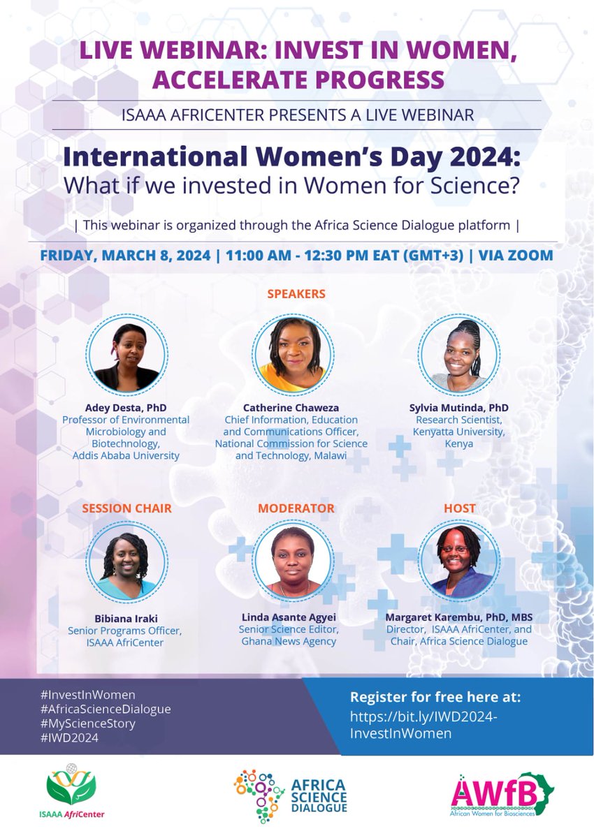 #HappyWomensDay Happy to hear from amazing women in the science and communication space share their journeys and inspire investment in women to accelerate progress @mkarembu @Bibsiraki @afri_isaaa