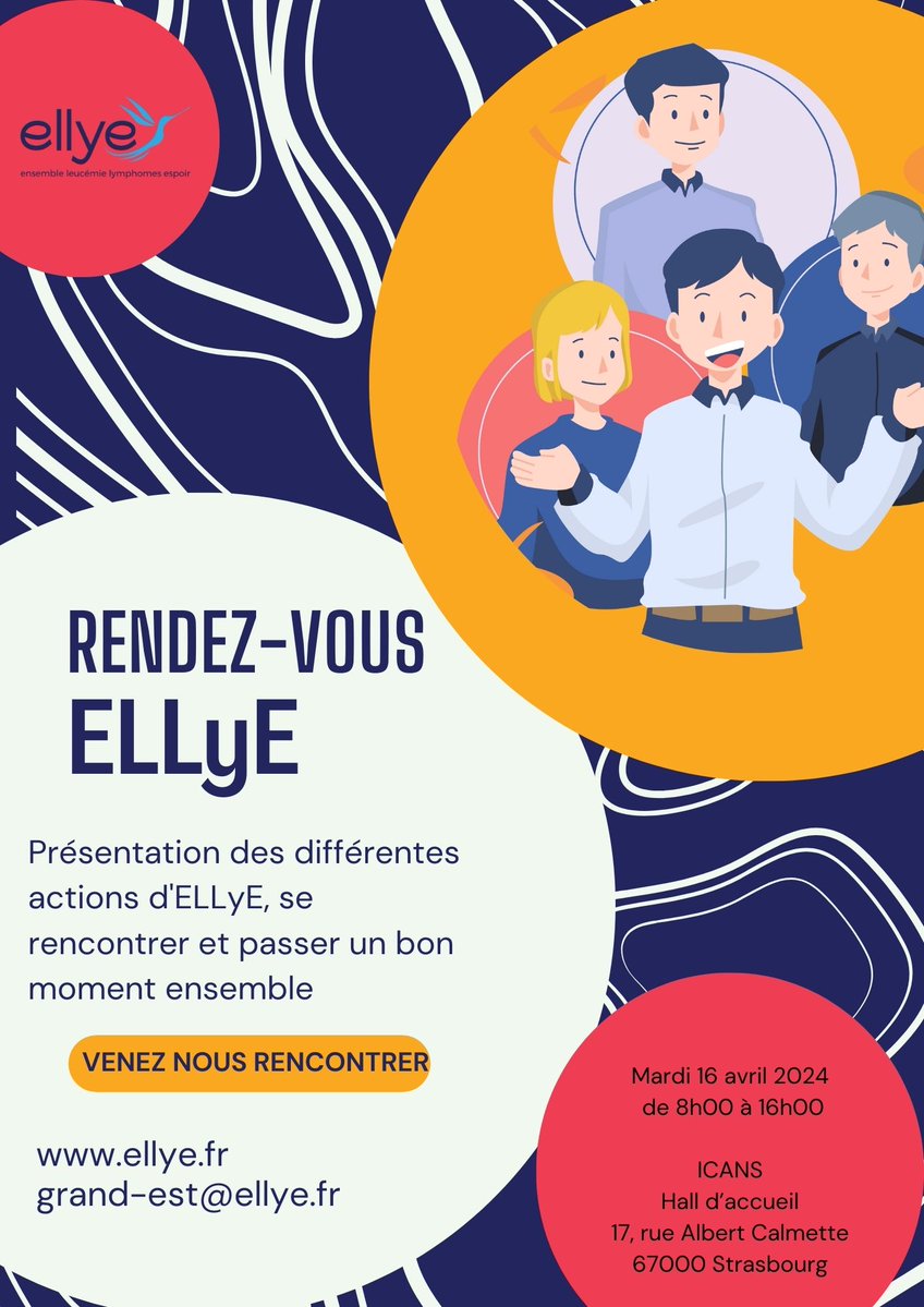 AssoELLyE's tweet image. Retrouvez nous à l'Institut de cancérologie de #Strasbourg #ICANS mardi 16 avril  9h30-17h pour discuter 🗣️☕️ et vous présenter l'association ELLyE. Venez nombreux ! #GrandEst @ars_grand_est 
#lymphomes #leucémiechroniquelymphoïde #maladiedeWaldenström