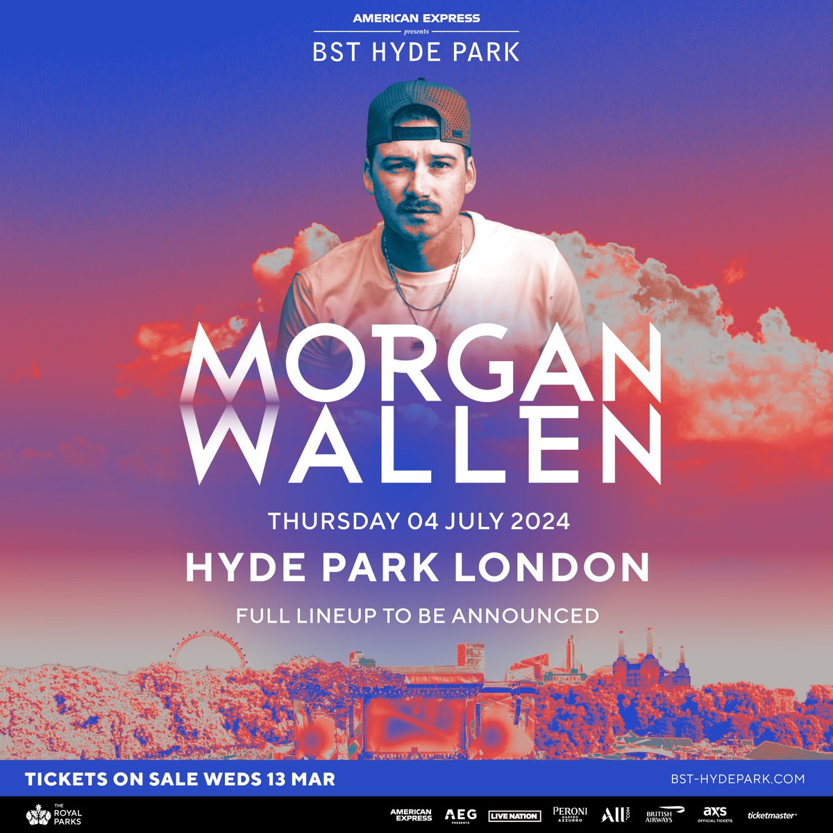 Listen up! We're excited to announce that @MorganWallen is headlining American Express presents BST Hyde Park on Thursday 4 July 🙌 He'll be joined by a full lineup to be announced! 🎟 Get access to the Morgan Wallen presales at bst-hydepark.com/morgan-wallen-… 🎟 Tickets go on…