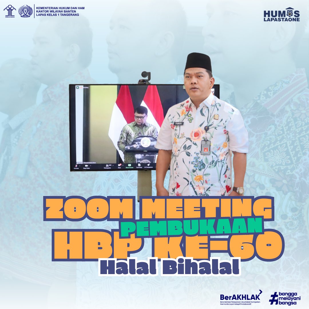Lapastaone01's tweet photo. Tangerang, 8 Maret 2024 Kepala Lapas Kelas I Tangerang, Fikri Jaya Soebing, didampingi Jajaran pejabat struktural, dan Pegawai mengikuti acara pembukaan Hari Bakti Pemasyarakatan yang ke-60 melalui Zoom Meeting yang digelar di Aula Lapas Kelas I Tangerang. https://t.co/k0Vrbm4GGy