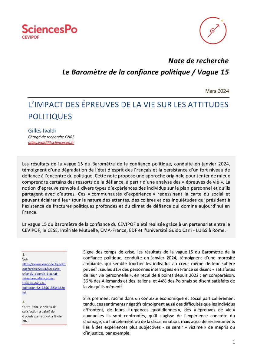 1/2 #BaromètreConfiance Découvrez une nouvelle note de recherche sur la vague 15 « L'impact des épreuves de la vie sur les attitudes politiques » par @GillesIvaldi @CEVIPOF @sciencespo @ScPoResearch Lien vers la note ⤵️ sciencespo.fr/cevipof/sites/…