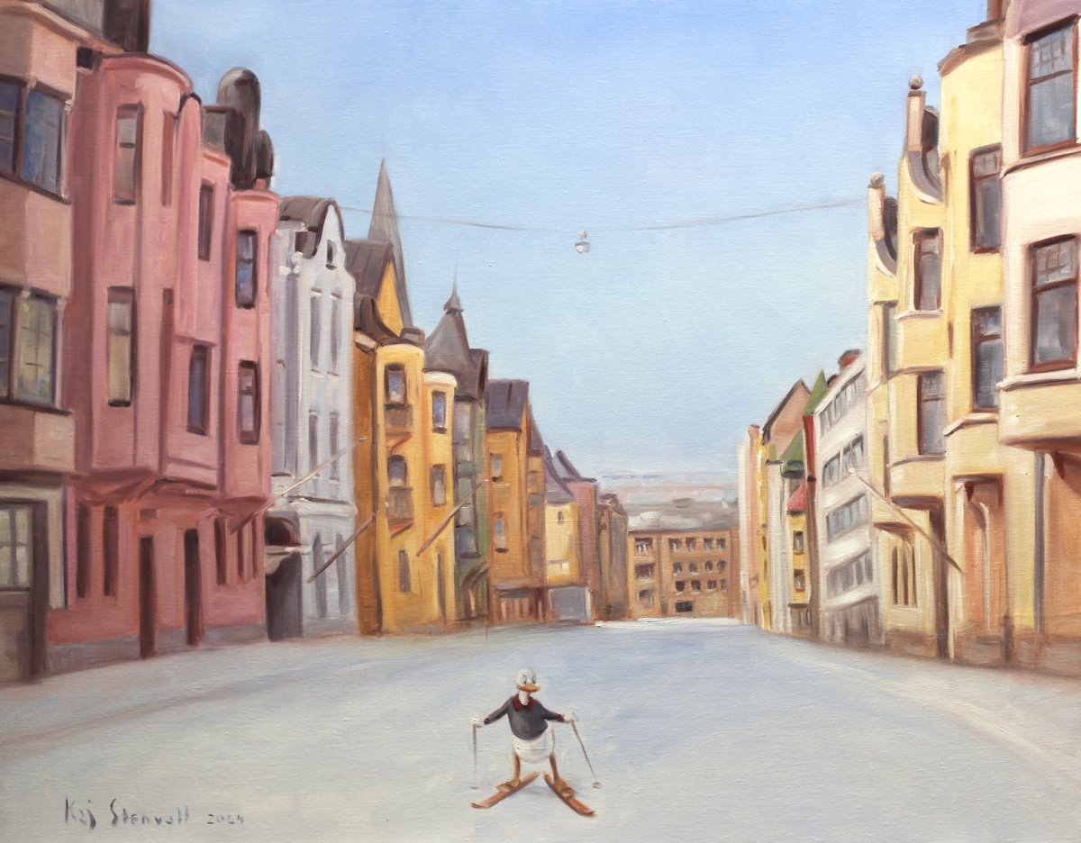 ” Lost in Helsinki ”, 2024, oil on canvas, 70 x 90 cm. #helsinki #art #taide #konst #winter #oilpainting #figurativepainting #ArtistOnX #artistsontwitter #lost #contemporaryart #disney #duck #skiing #popart #kajstenvall