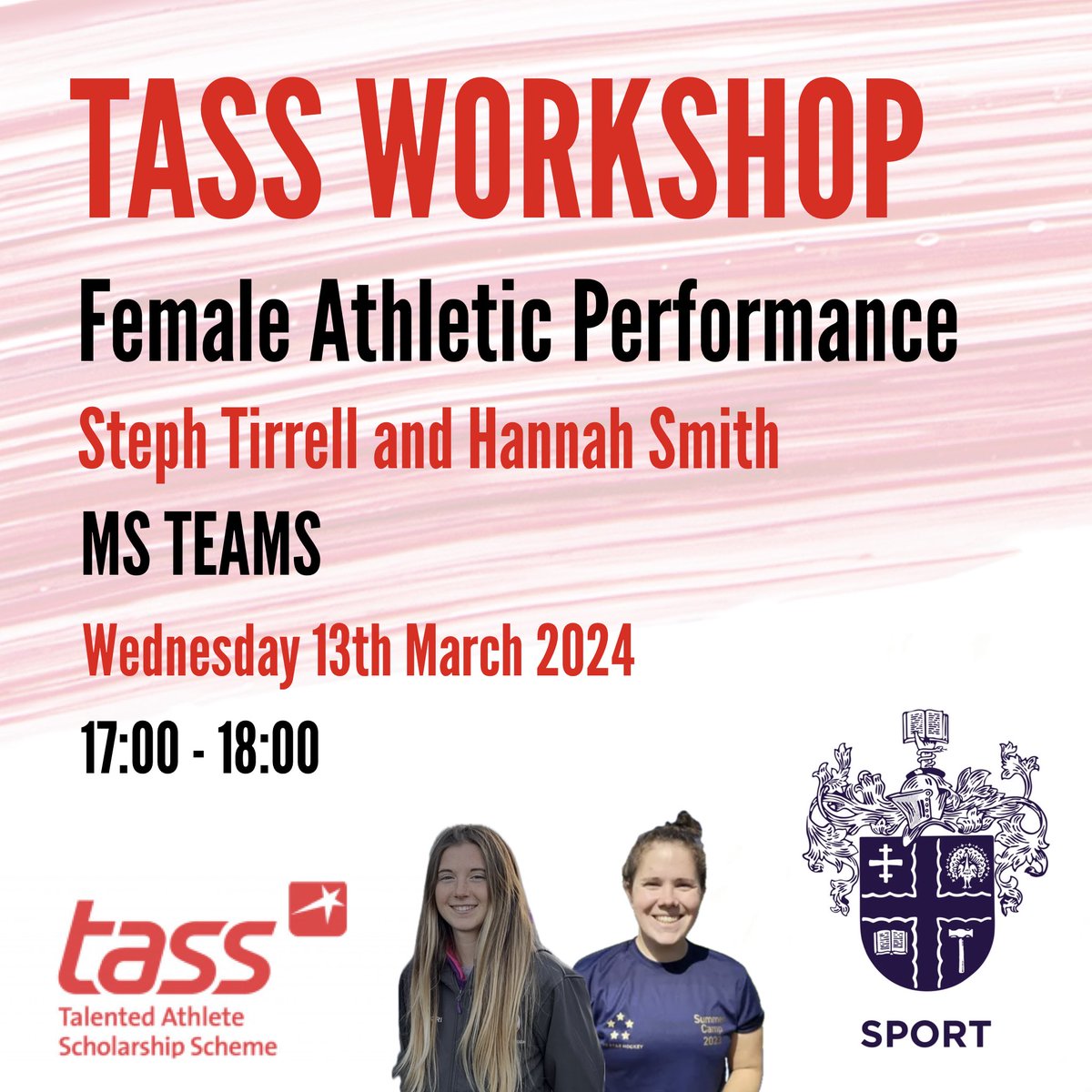 🚨TASS WORKSHOP 🚨

This Wednesday (13.03.24) sees the next <a href="/TalentedAthlete/">TASS</a> workshop of 2024! 

The workshop will be discussing Female Athletic Performance, especially within nutrition and strength &amp; conditioning! 

We will be joined by Sports Lecturer <a href="/stephtirrell25/">Steph Tirrell</a> and Female