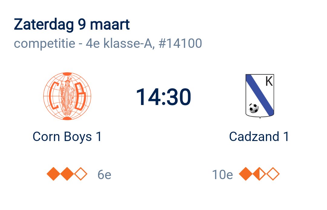 Morgen MATCHDAY!!
Corn Boys speelt thuis  tegen  V.V. Cadzand
Na de nederlaag van vorige week zijn de 3 punten zeer welkom.
Kom onze  boys aanmoedigen, alle  support is welkom.  De kantine is open.
#cornboyssasvangent #OneTeamOneFamily