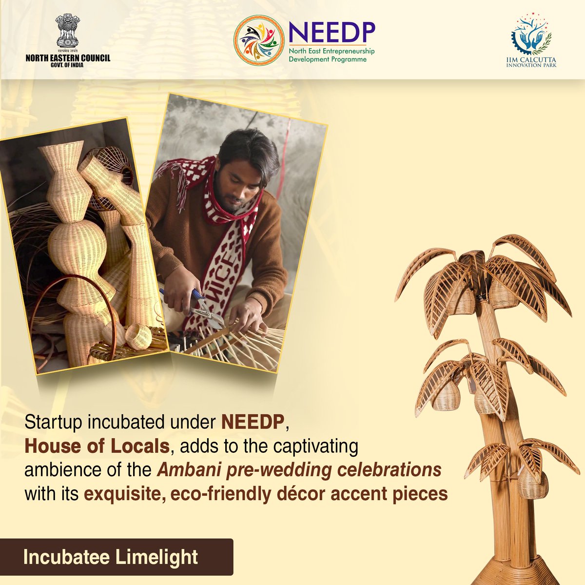 needpnec's tweet photo. While the world remains mesmerised by the grandeur of the #AmbaniPreWedding celebrations, Houseof Locals, a startup from Assam incubated under NEEDP, played a part in enhancing the event's decor with its exquisite, eco-friendly accent pieces. 
#IIMCIP #startupsuccess https://t.co/kThzbS5dJL