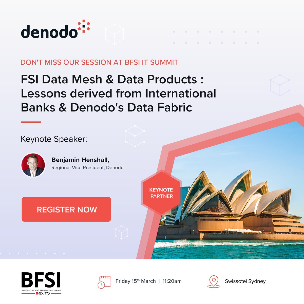 #Denodo is Keynote Partner sponsor at BFSI IT Summit by @ExitoEvents. Join our session 'FSI Data Mesh & Data Products: Lessons derived from International Banks & Denodo's Data Fabric' by Benjamin Henshall. Come by our booth to learn more! buff.ly/3vccs8p #BFSI2024