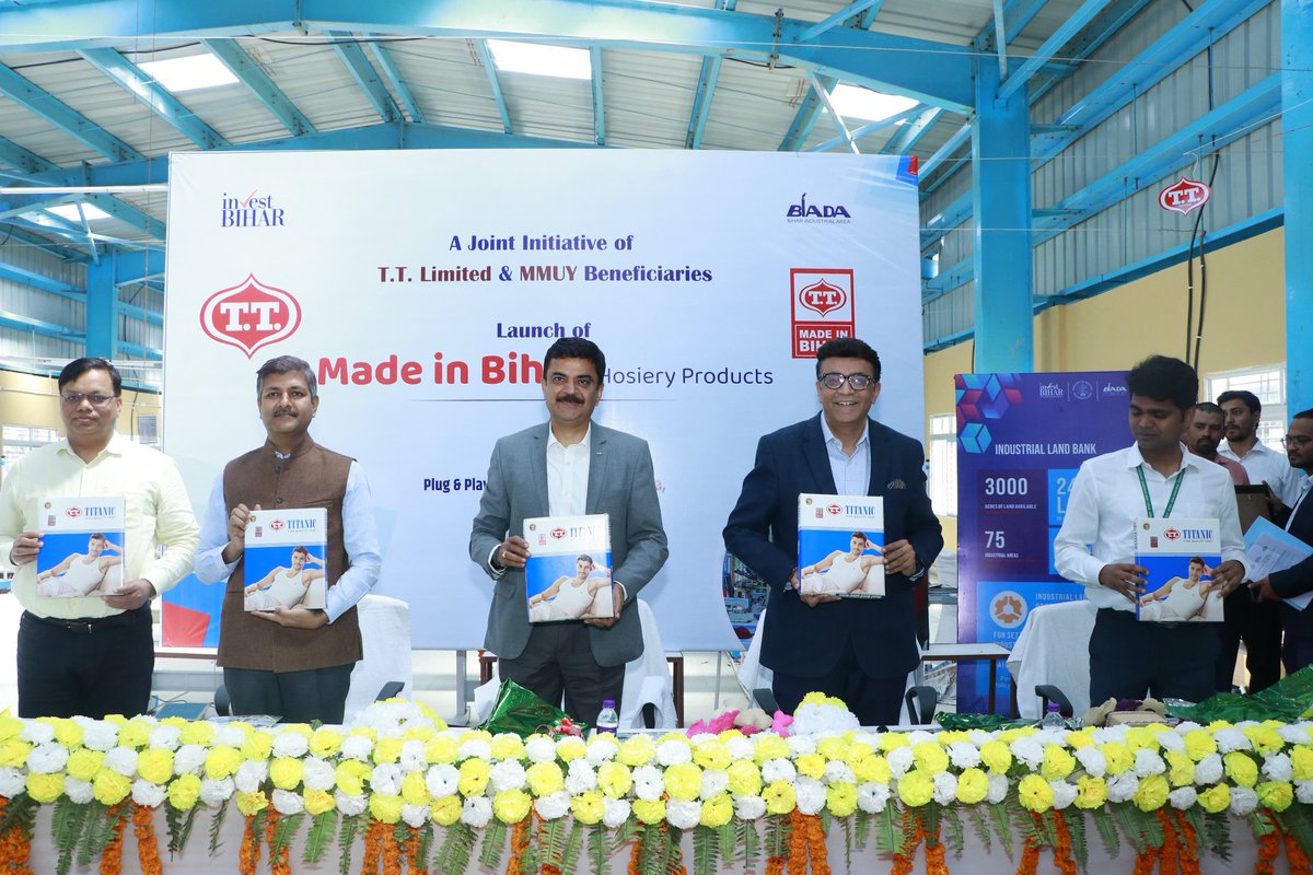 SandeepPoundrik's tweet photo. TT Made in Bihar hosiery products launched in Sikandarpur IA , Bihta, Patna today by Sh Sanjay Jain, MD , TT Ltd. Bihta to become second textile cluster after Muzaffarpur. https://t.co/o7VkdaMOCK