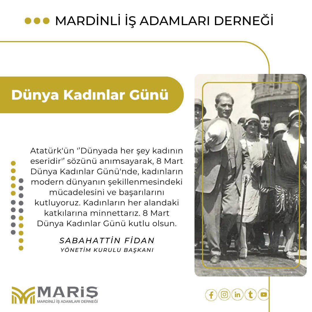 Atatürk'ün '’Dünyada her şey kadının eseridir'’ sözünü anımsayarak, 8 Mart Dünya Kadınlar Günü'nde, kadınların modern dünyanın şekillenmesindeki mücadelesini ve başarılarını kutluyoruz. Kadınların her alandaki katkılarına minnettarız.8 Mart Dünya Kadınlar Günü kutlu olsun. #8mart